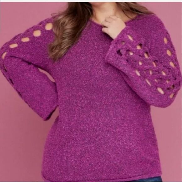 Lane Bryant Fuzzy Lattice-Sleeve Cutout Pullover Knit Sweater sz 26/28 - Picture 1 of 6